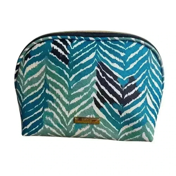 TRINA TURK COLORFUL COSMETIC BAG FEATHER PRINT BLUE / PINK INTERIOR - Picture 1 of 6